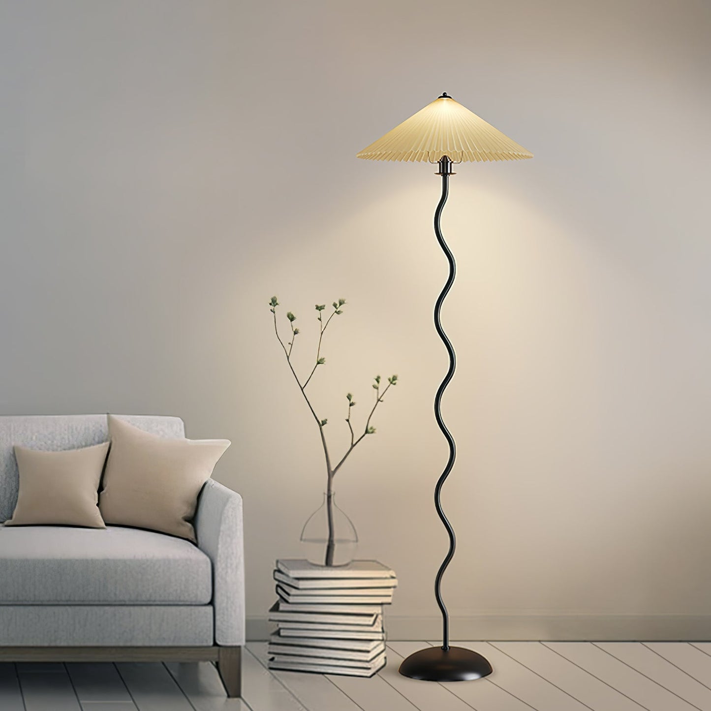 Squiggle Floor Lamp | Black Metal & White Fabric Shade | 150cm