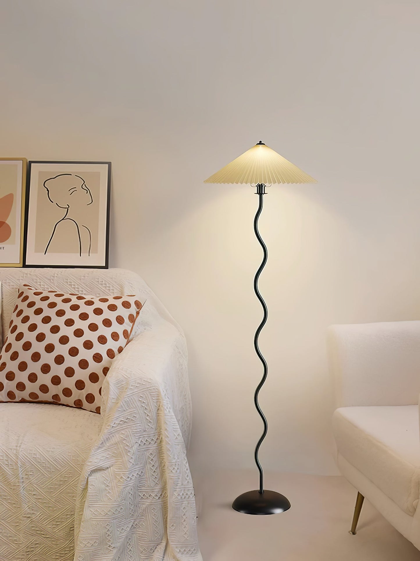 Squiggle Floor Lamp | Black Metal & White Fabric Shade | 150cm