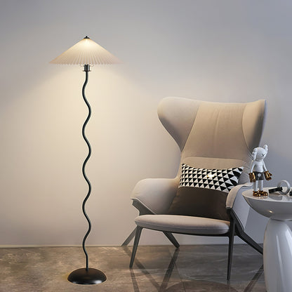Squiggle Floor Lamp | Black Metal & White Fabric Shade | 150cm