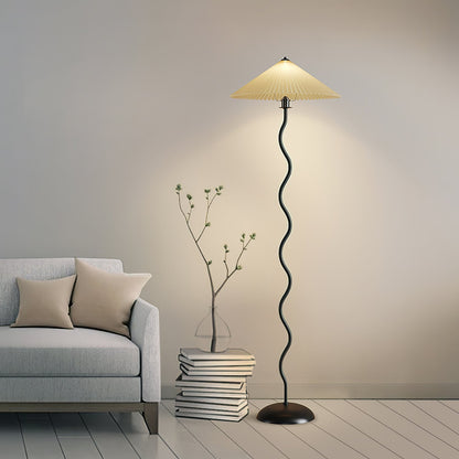 Squiggle Floor Lamp | Black Metal & White Fabric Shade | 150cm