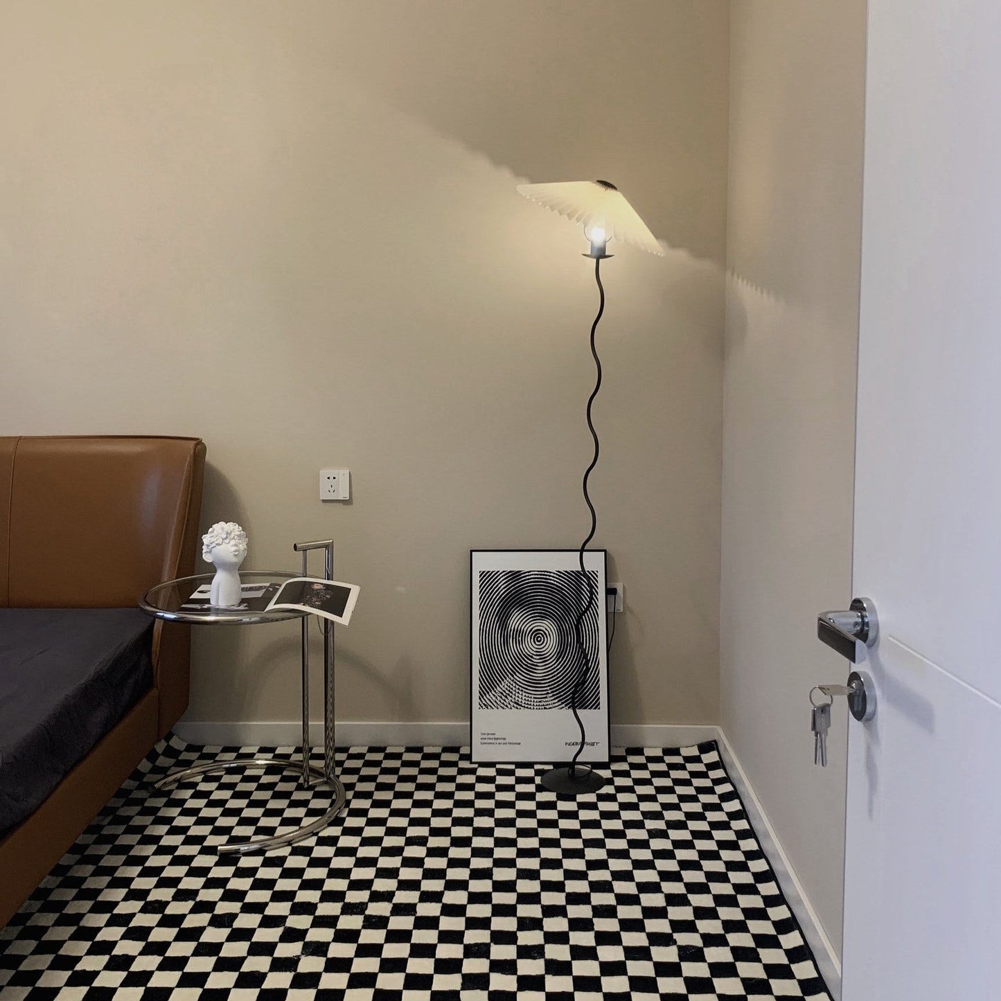 Squiggle Floor Lamp | Black Metal & White Fabric Shade | 150cm