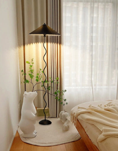 Squiggle Floor Lamp | Black Metal & White Fabric Shade | 150cm