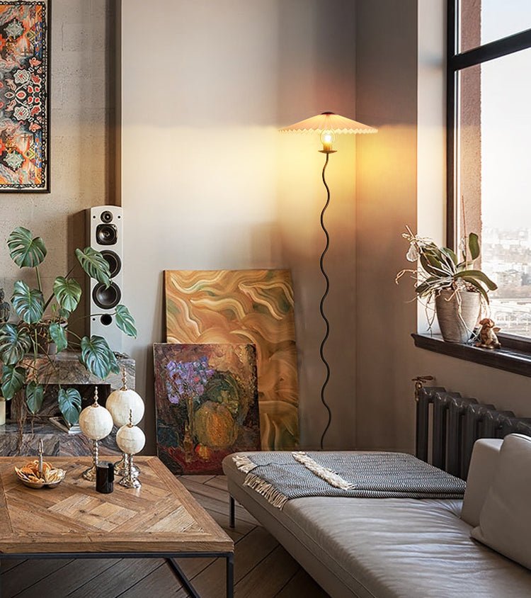 Squiggle Floor Lamp | Black Metal & White Fabric Shade | 150cm