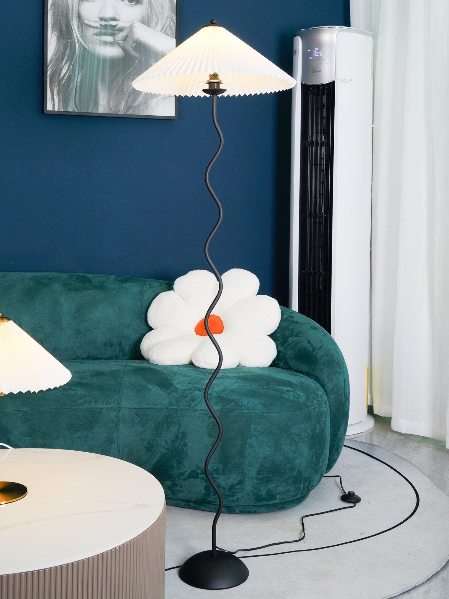 Squiggle Floor Lamp | Black Metal & White Fabric Shade | 150cm