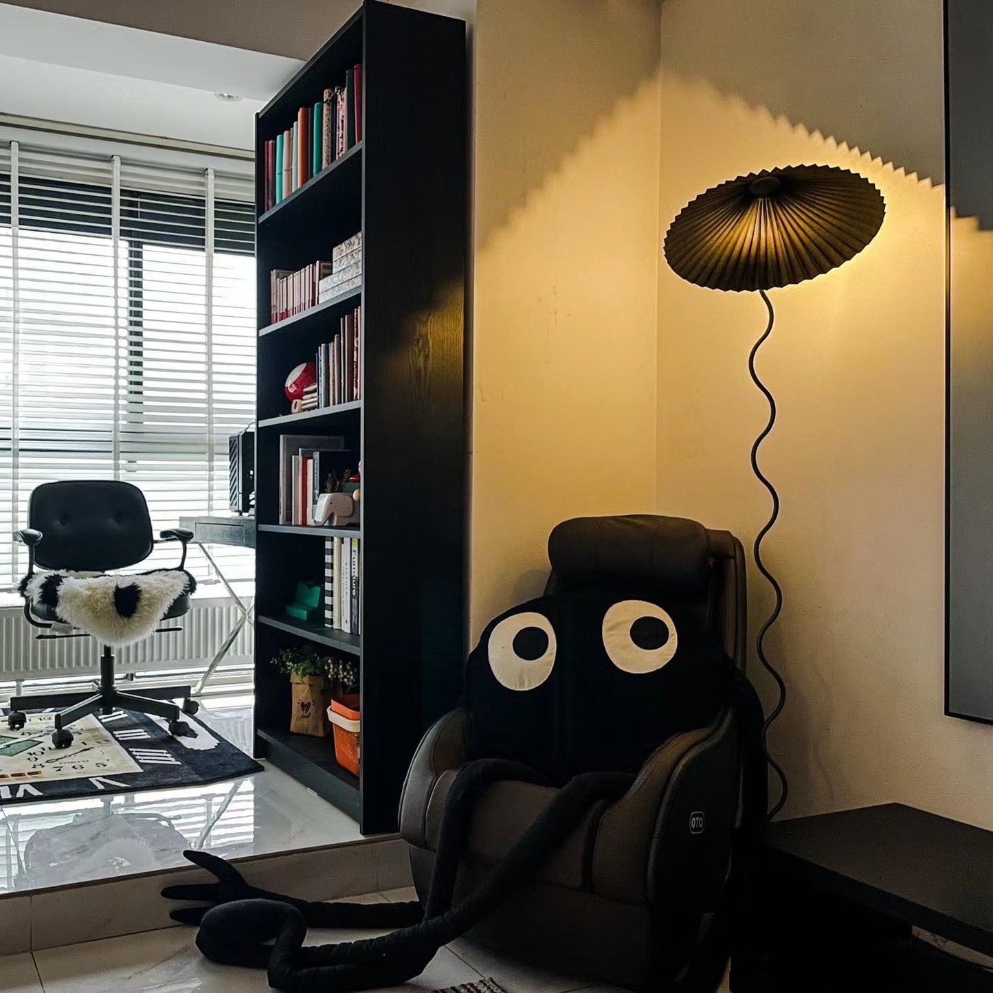 Squiggle Floor Lamp | Black Metal & White Fabric Shade | 150cm