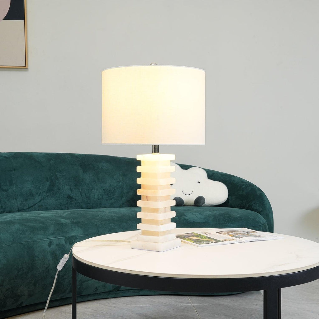Alabaster Table Lamp | Beige-Flecked White Alabaster & Fabric | 65cm