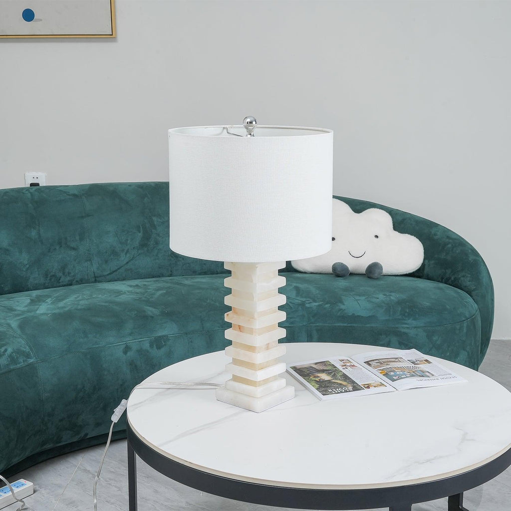 Alabaster Table Lamp | Beige-Flecked White Alabaster & Fabric | 65cm
