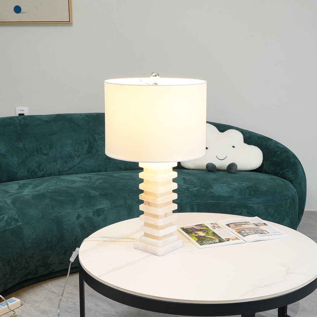 Alabaster Table Lamp | Beige-Flecked White Alabaster & Fabric | 65cm