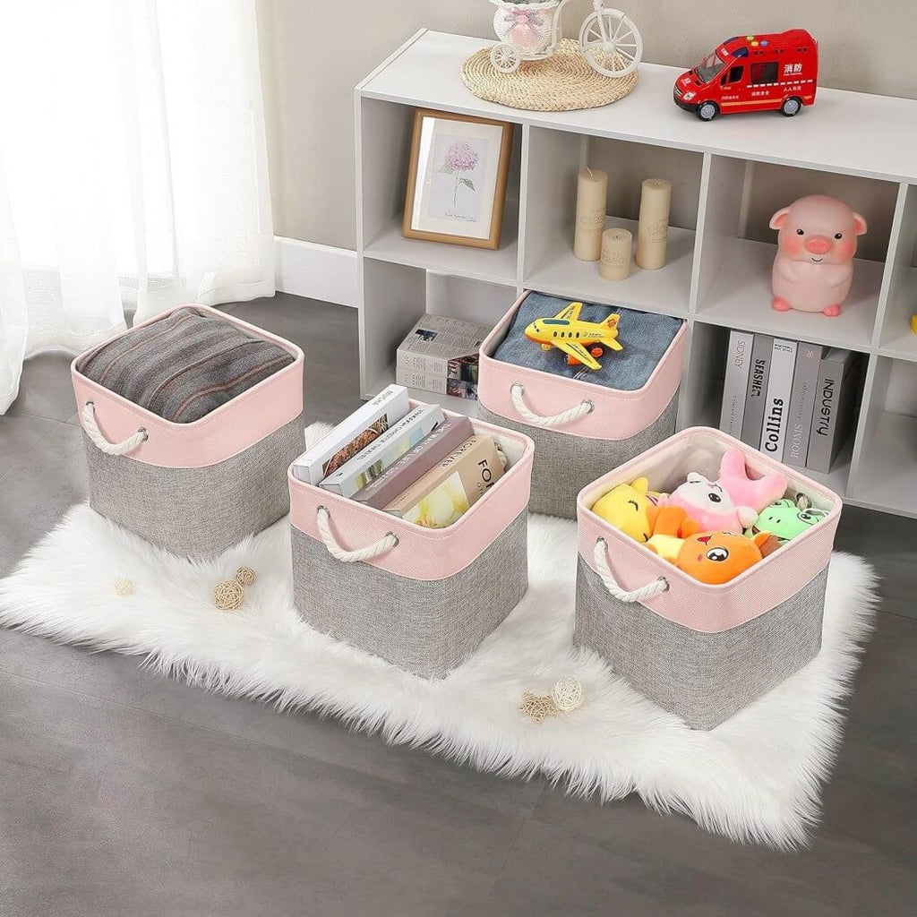 Foldable Fabric Storage Baskets | Durable Canvas & EVA | Grey and Pink