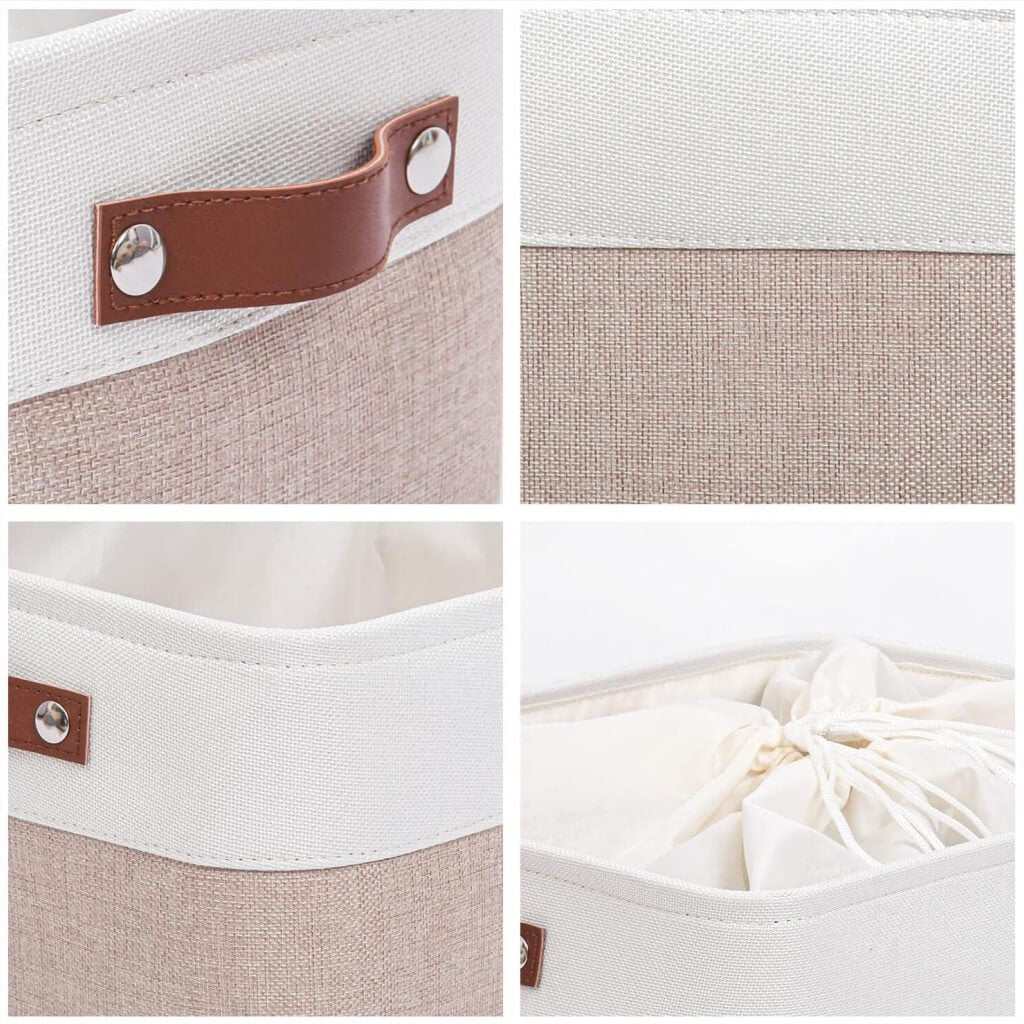 Fabric Storage Boxes | Collapsible with Leather Handles | Set of 3, White & Khaki