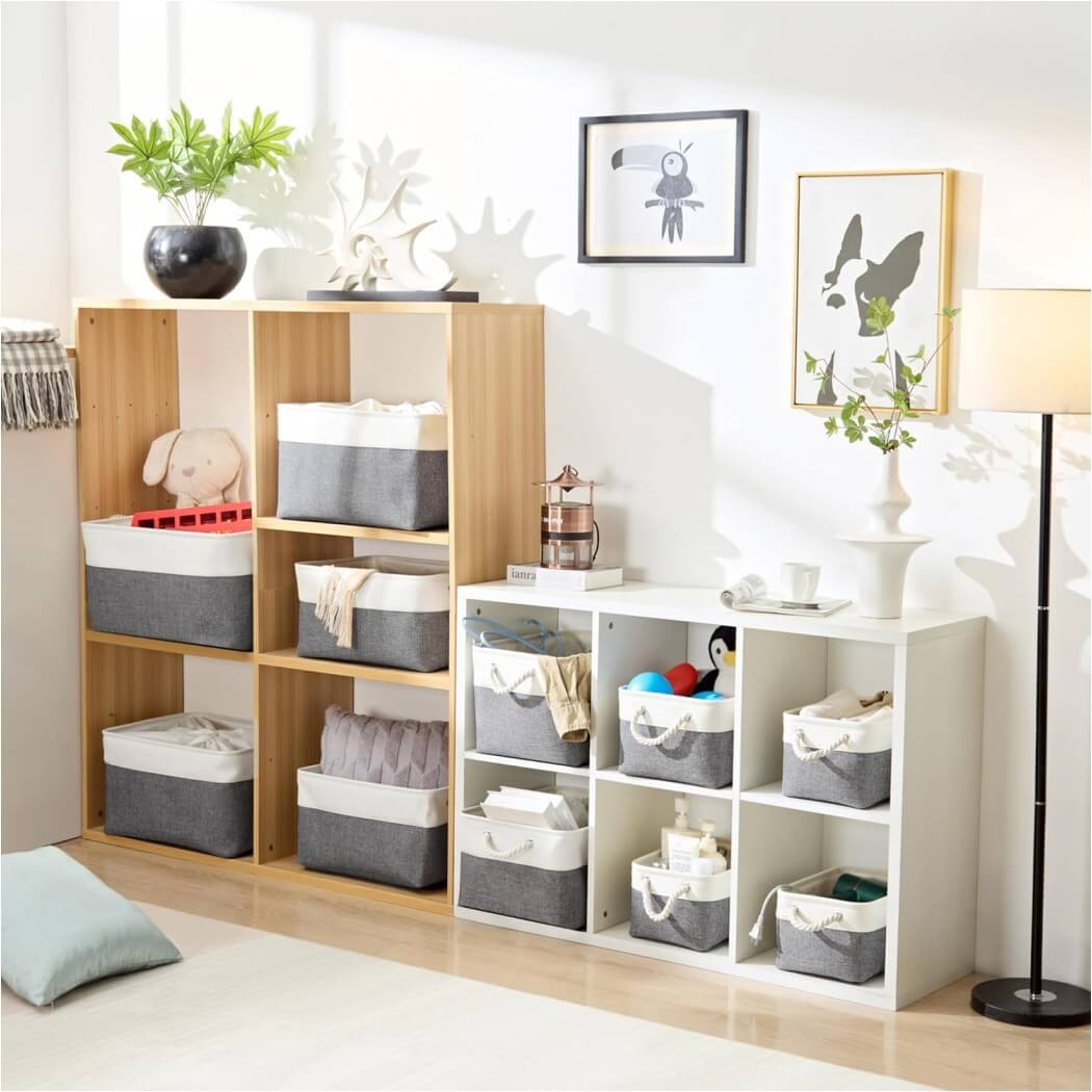 Foldable Canvas Storage Baskets | Linen & Cotton | Cold Grey and White