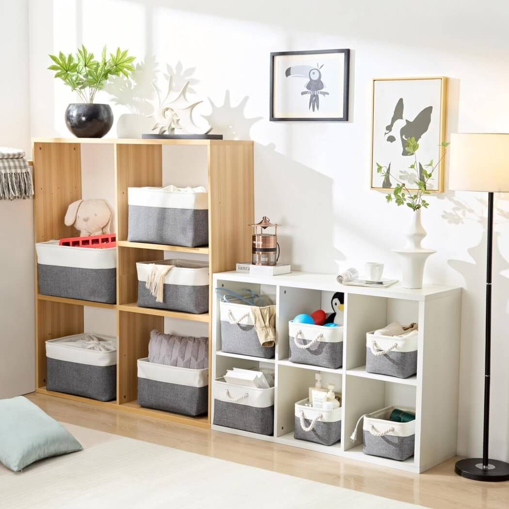 Foldable Canvas Storage Baskets | Linen & Cotton | Cold Grey and White