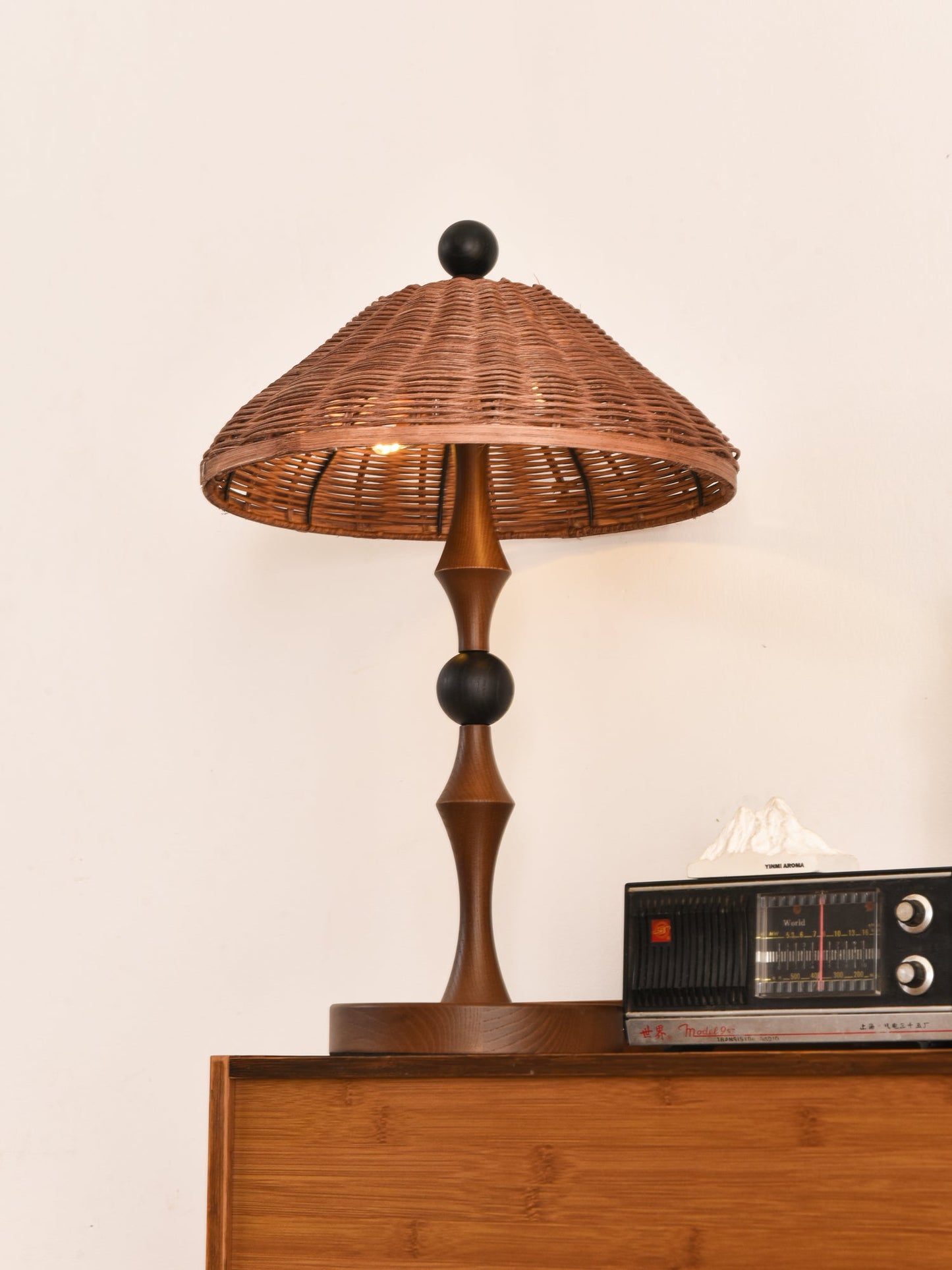 Rattan Shade Table Lamp | Walnut Wood & Natural Finish | 55cm Height