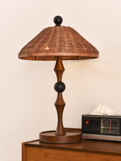 Rattan Shade Table Lamp | Walnut Wood & Natural Finish | 55cm Height