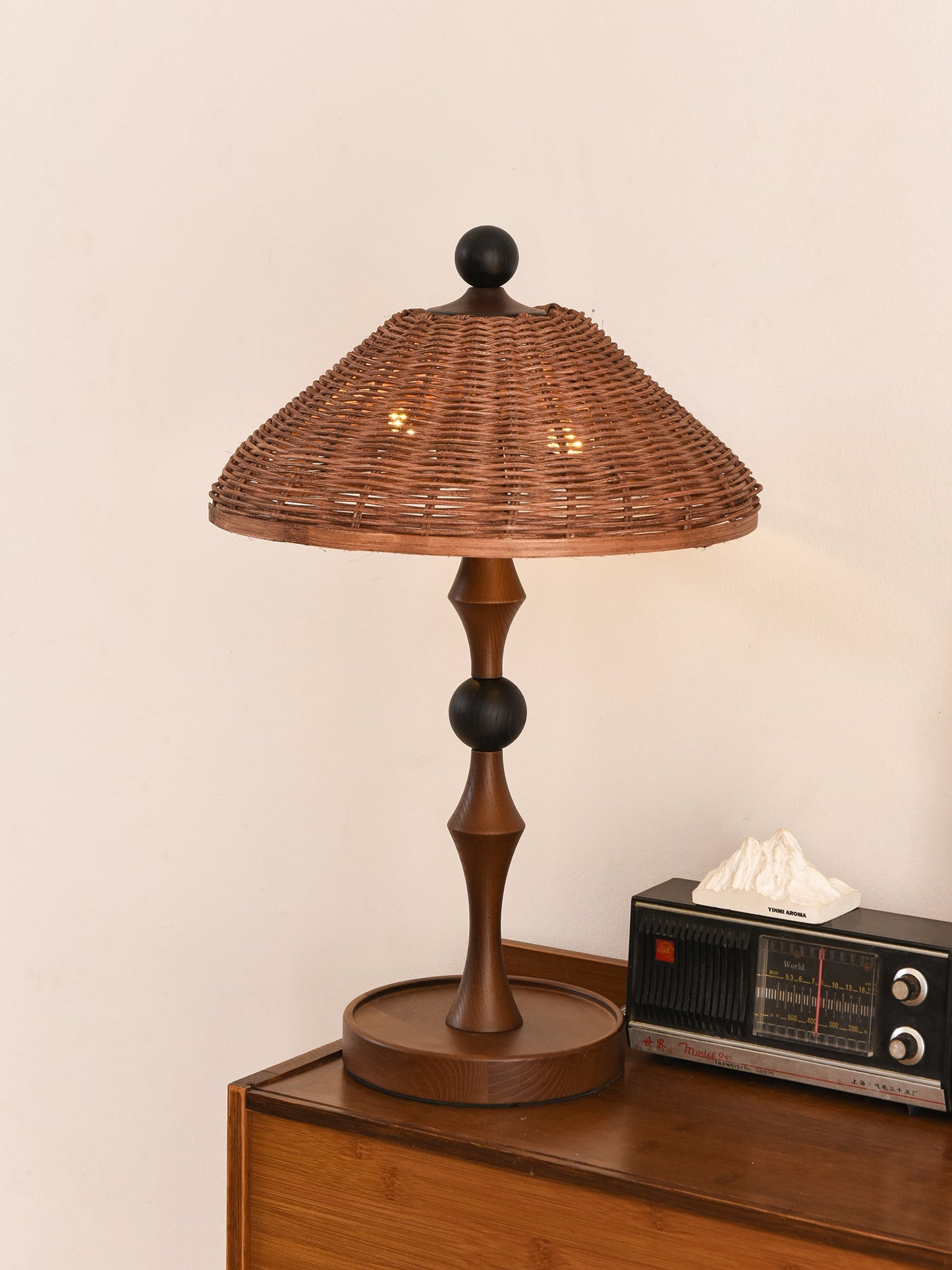 Rattan Shade Table Lamp | Walnut Wood & Natural Finish | 55cm Height