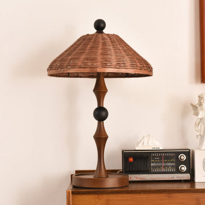 Rattan Shade Table Lamp | Walnut Wood & Natural Finish | 55cm Height