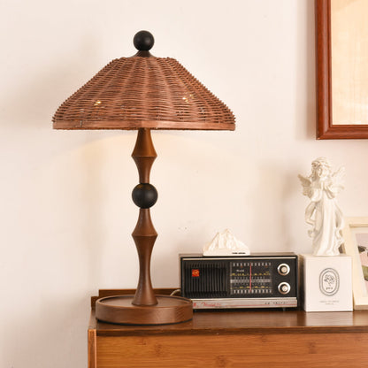 Rattan Shade Table Lamp | Walnut Wood & Natural Finish | 55cm Height