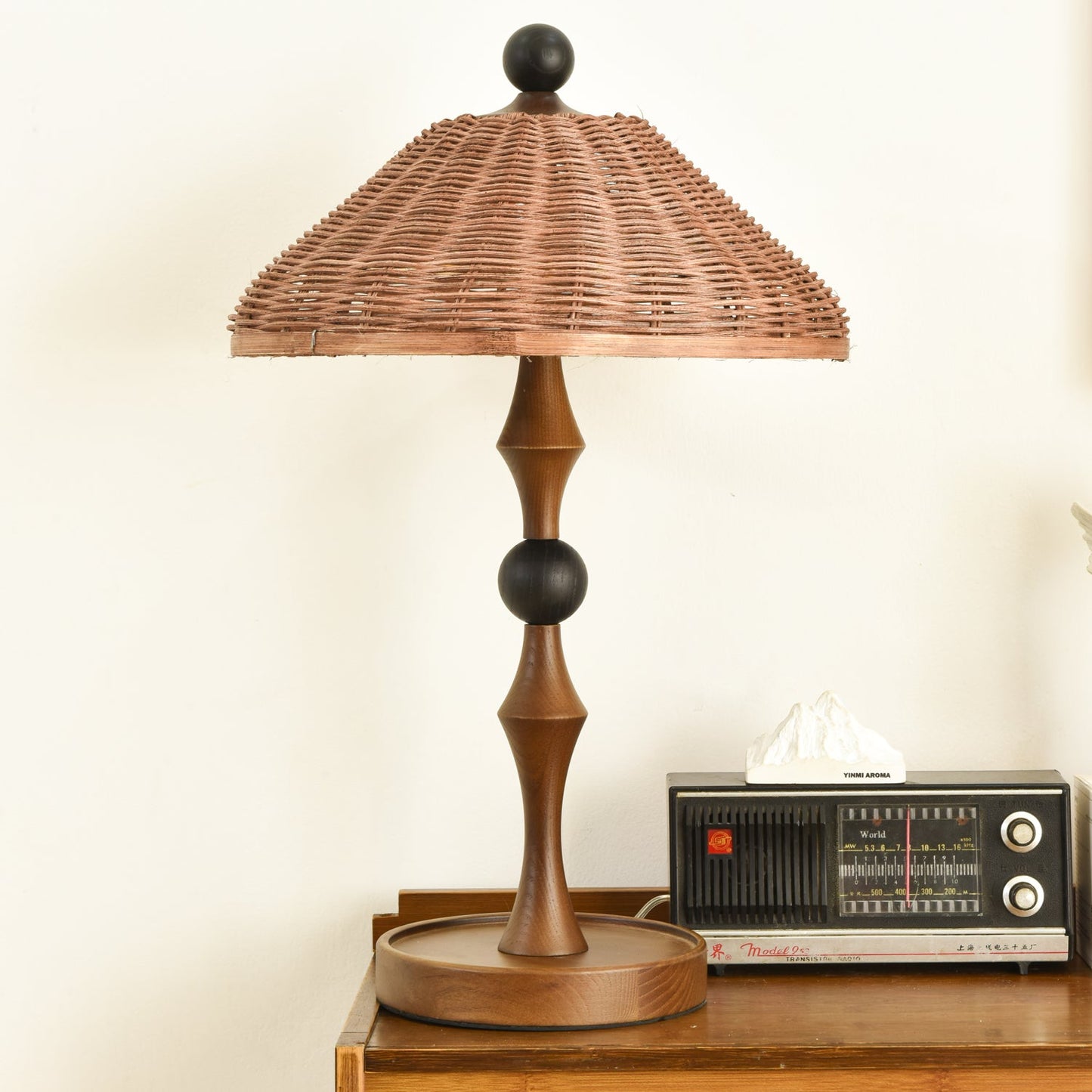 Rattan Shade Table Lamp | Walnut Wood & Natural Finish | 55cm Height