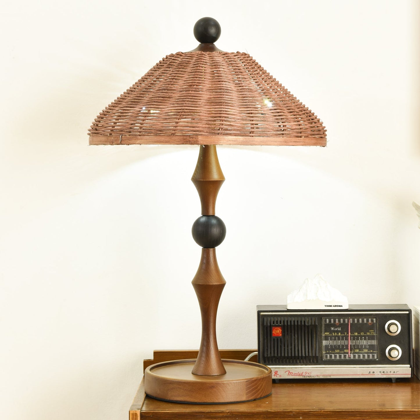 Rattan Shade Table Lamp | Walnut Wood & Natural Finish | 55cm Height