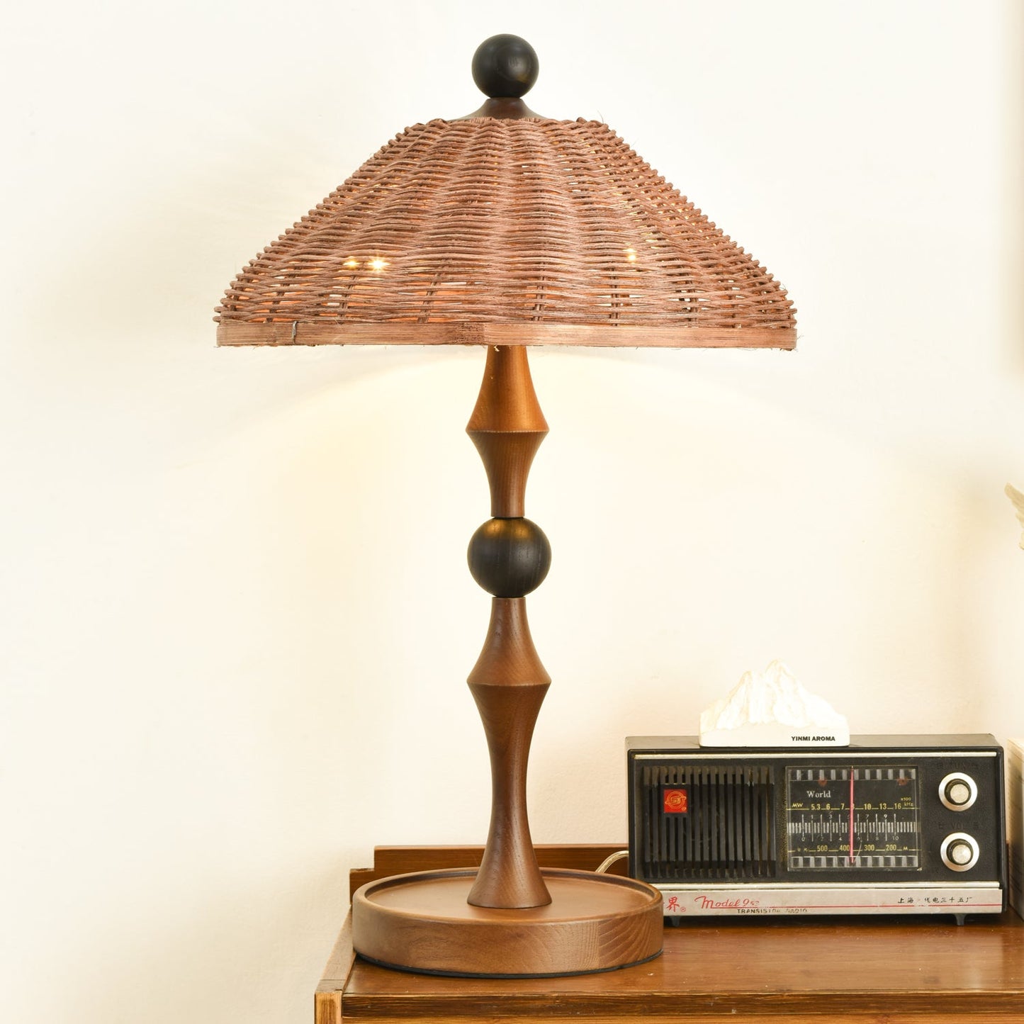Rattan Shade Table Lamp | Walnut Wood & Natural Finish | 55cm Height