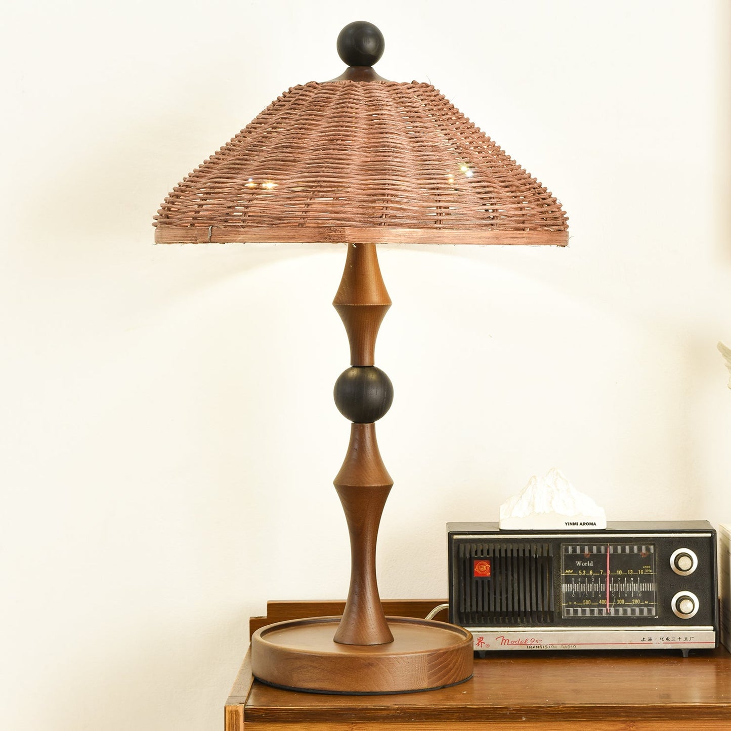 Rattan Shade Table Lamp | Walnut Wood & Natural Finish | 55cm Height