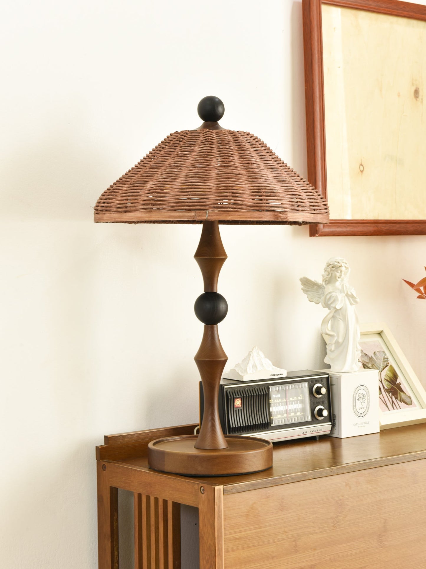 Rattan Shade Table Lamp | Walnut Wood & Natural Finish | 55cm Height
