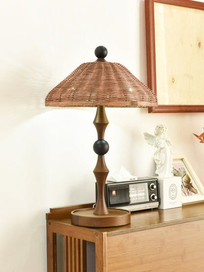 Rattan Shade Table Lamp | Walnut Wood & Natural Finish | 55cm Height