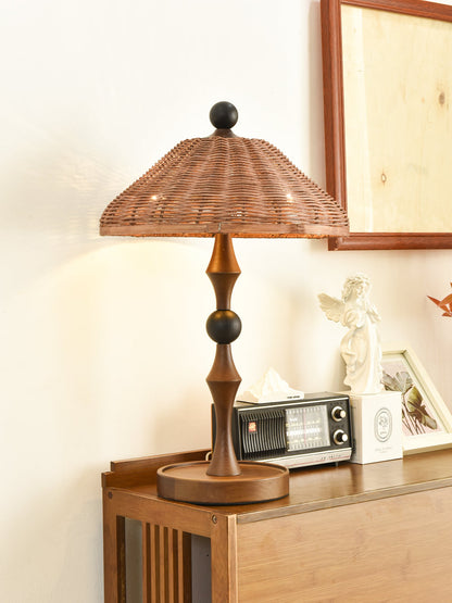 Rattan Shade Table Lamp | Walnut Wood & Natural Finish | 55cm Height