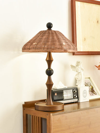 Rattan Shade Table Lamp | Walnut Wood & Natural Finish | 55cm Height