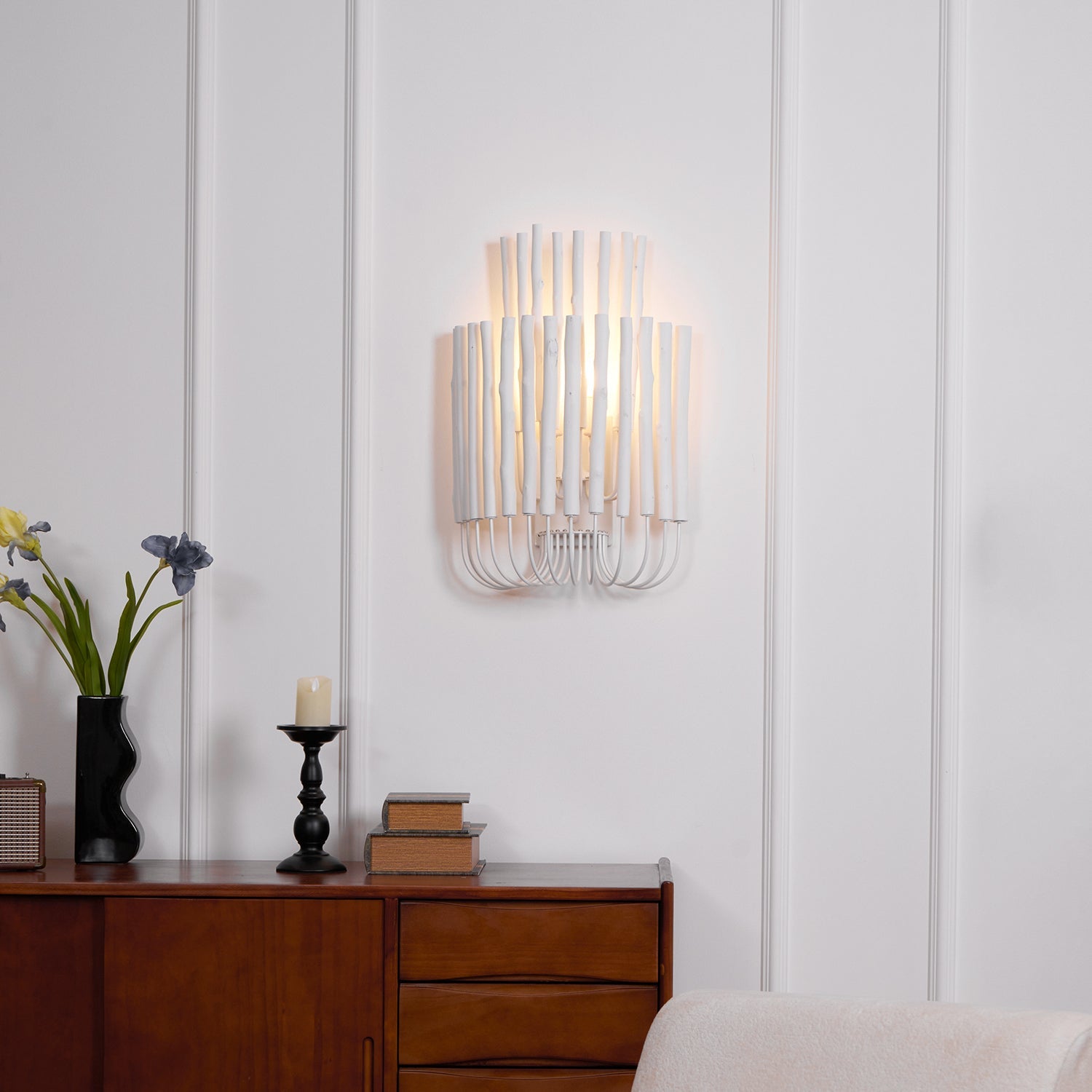 Swinton Wall Light | Layered Wood & Curved Iron | White