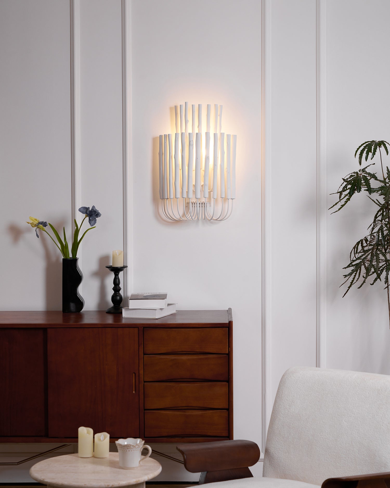 Swinton Wall Light | Layered Wood & Curved Iron | White