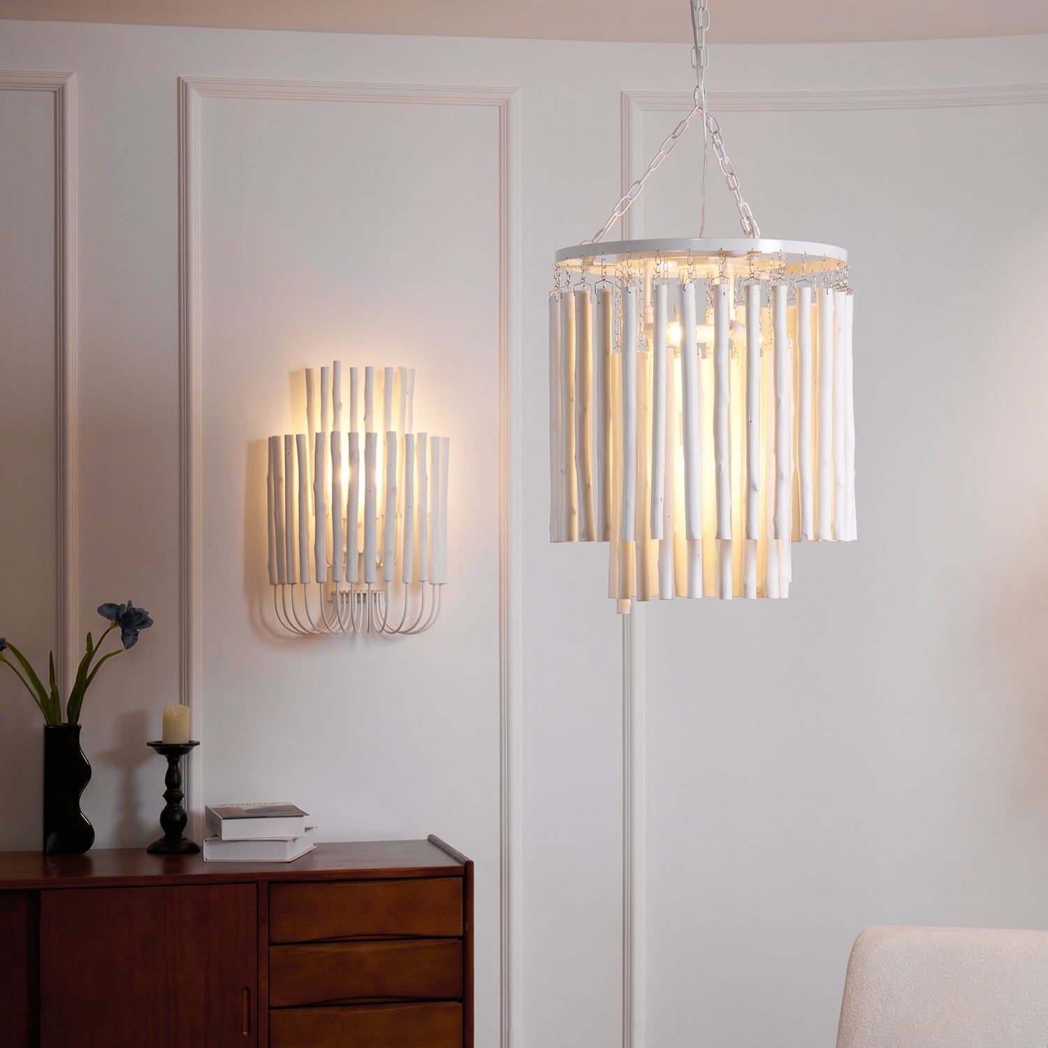 Swinton Wall Light | Layered Wood & Curved Iron | White