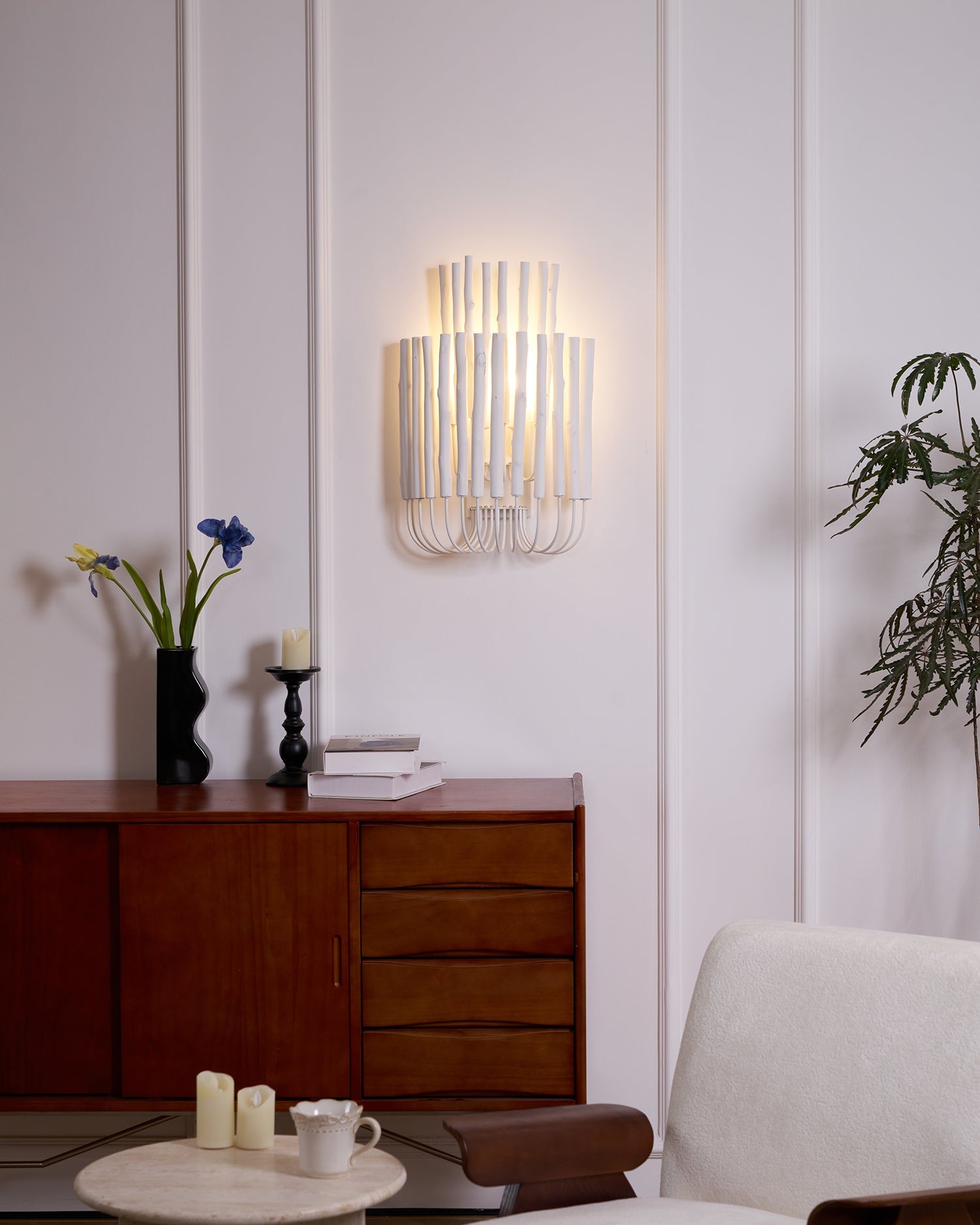 Swinton Wall Light | Layered Wood & Curved Iron | White