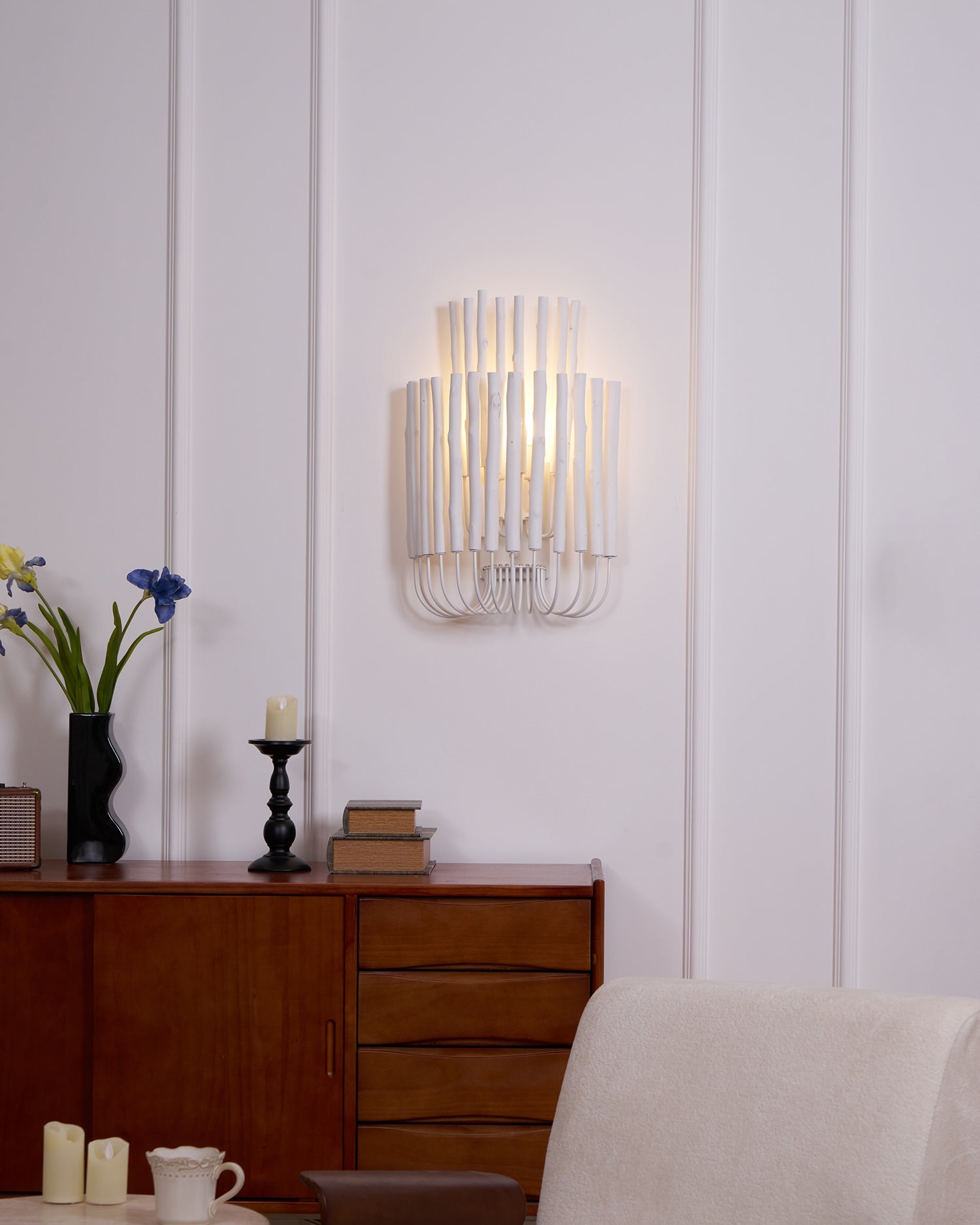 Swinton Wall Light | Layered Wood & Curved Iron | White
