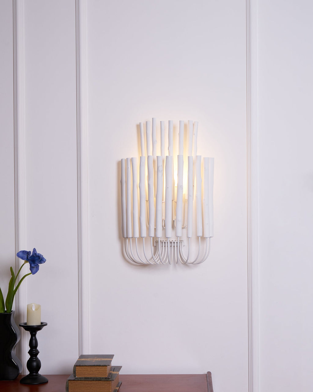 Swinton Wall Light | Layered Wood & Curved Iron | White