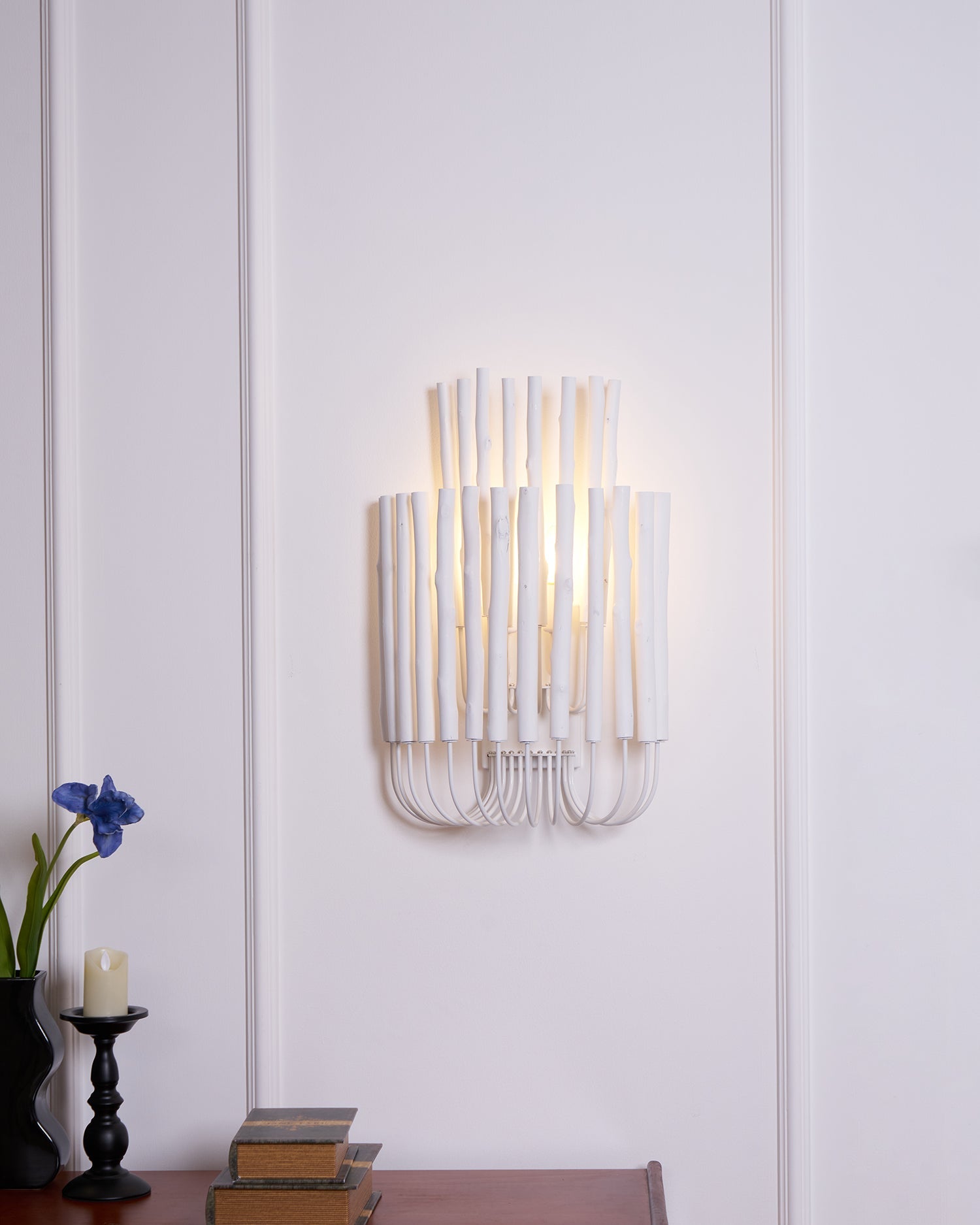 Swinton Wall Light | Layered Wood & Curved Iron | White
