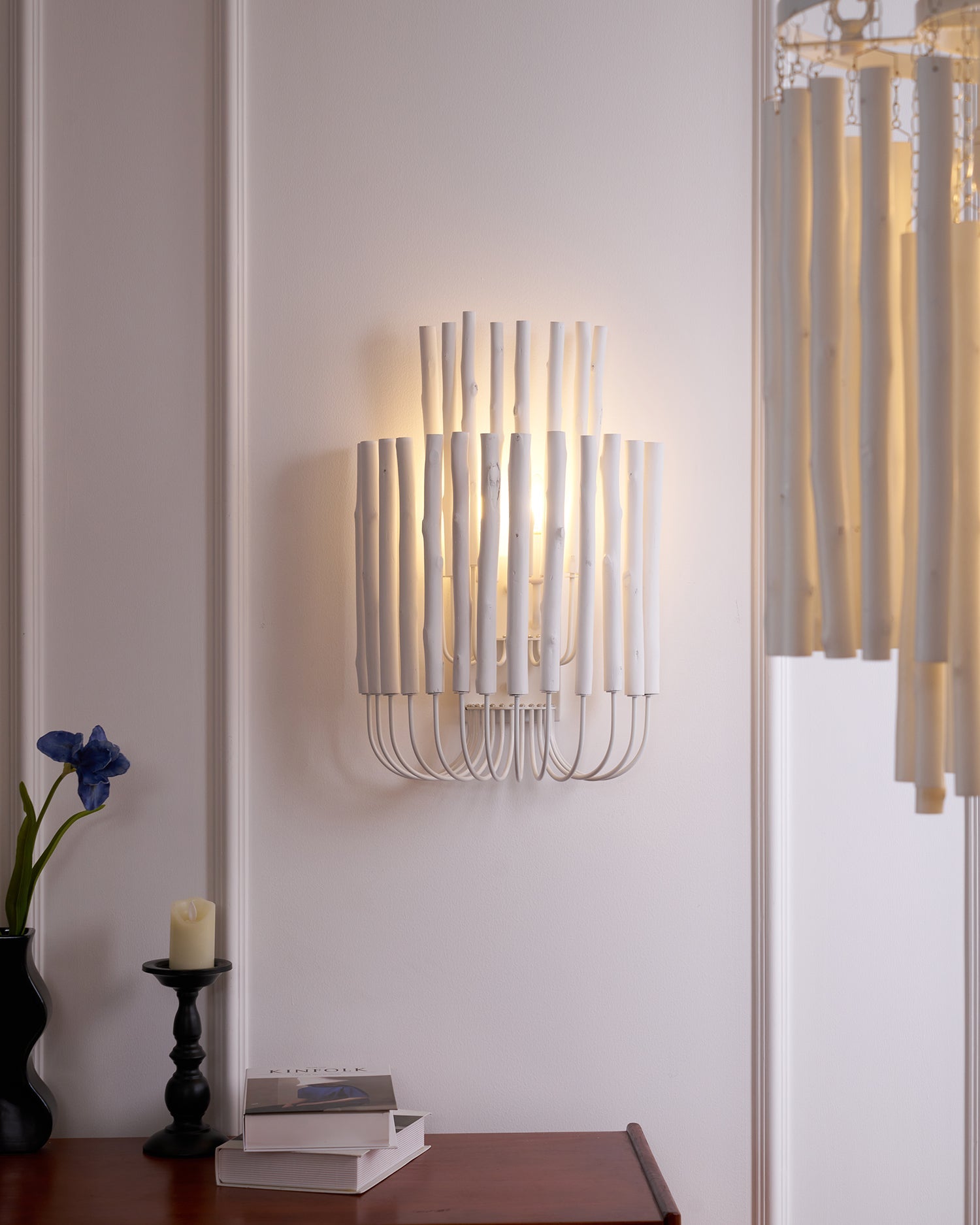 Swinton Wall Light | Layered Wood & Curved Iron | White