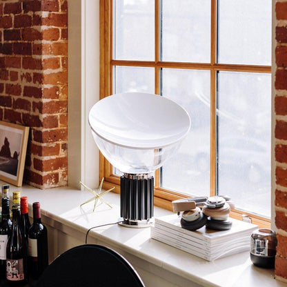 Radar Table Lamp | Glossy White Aluminum & Clear Glass | Adjustable Design
