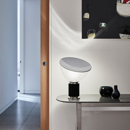 Radar Table Lamp | Glossy White Aluminum & Clear Glass | Adjustable Design