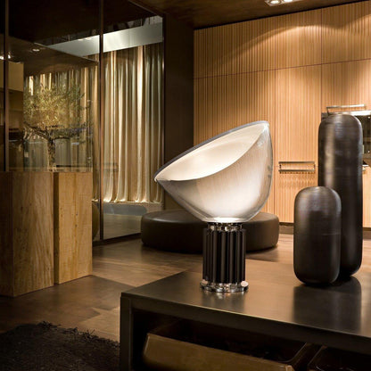 Radar Table Lamp | Glossy White Aluminum & Clear Glass | Adjustable Design