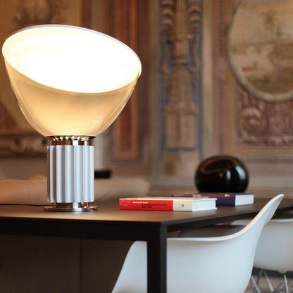 Radar Table Lamp | Glossy White Aluminum & Clear Glass | Adjustable Design