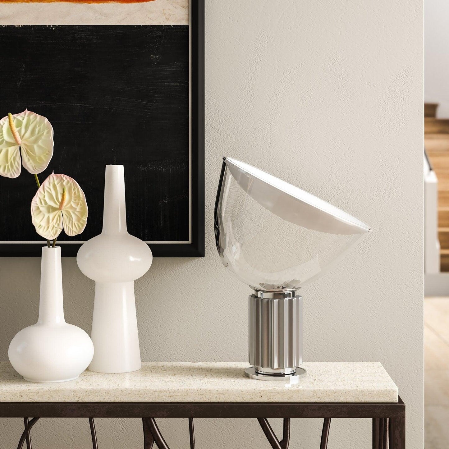 Radar Table Lamp | Glossy White Aluminum & Clear Glass | Adjustable Design