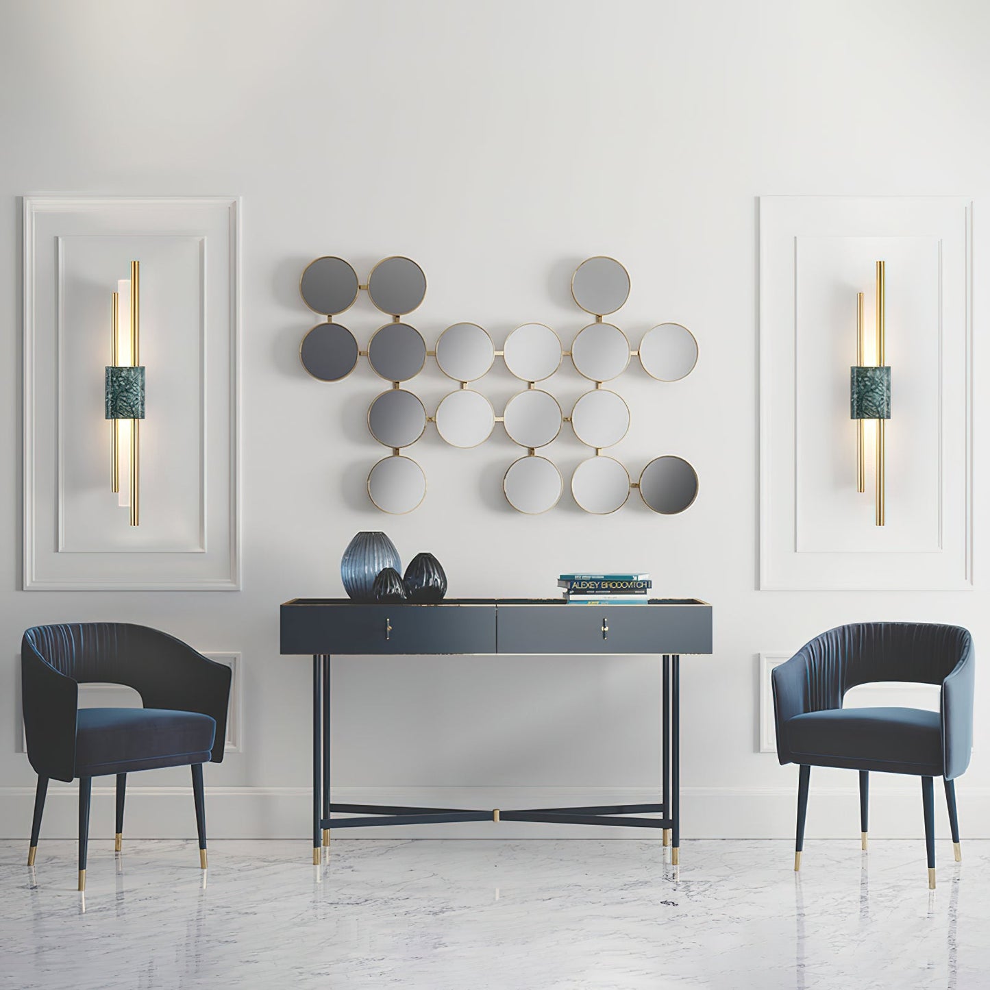 Tanto Wall Light | Brass & Marble | Gold with Green or White Shade