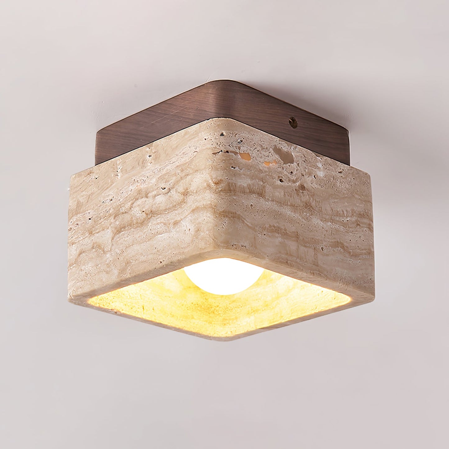 Terra Block Ceiling Light | Yellow Travertine & Walnut Wood | 12cm x 12cm x 9cm
