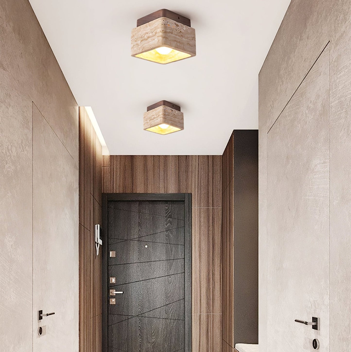 Terra Block Ceiling Light | Yellow Travertine & Walnut Wood | 12cm x 12cm x 9cm