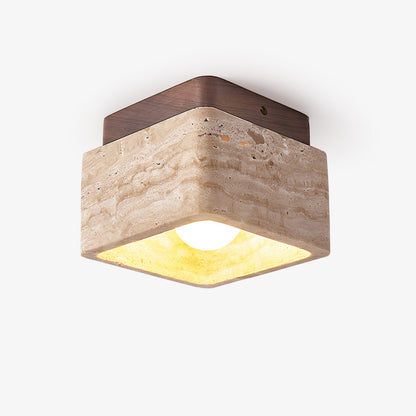 Terra Block Ceiling Light | Yellow Travertine & Walnut Wood | 12cm x 12cm x 9cm