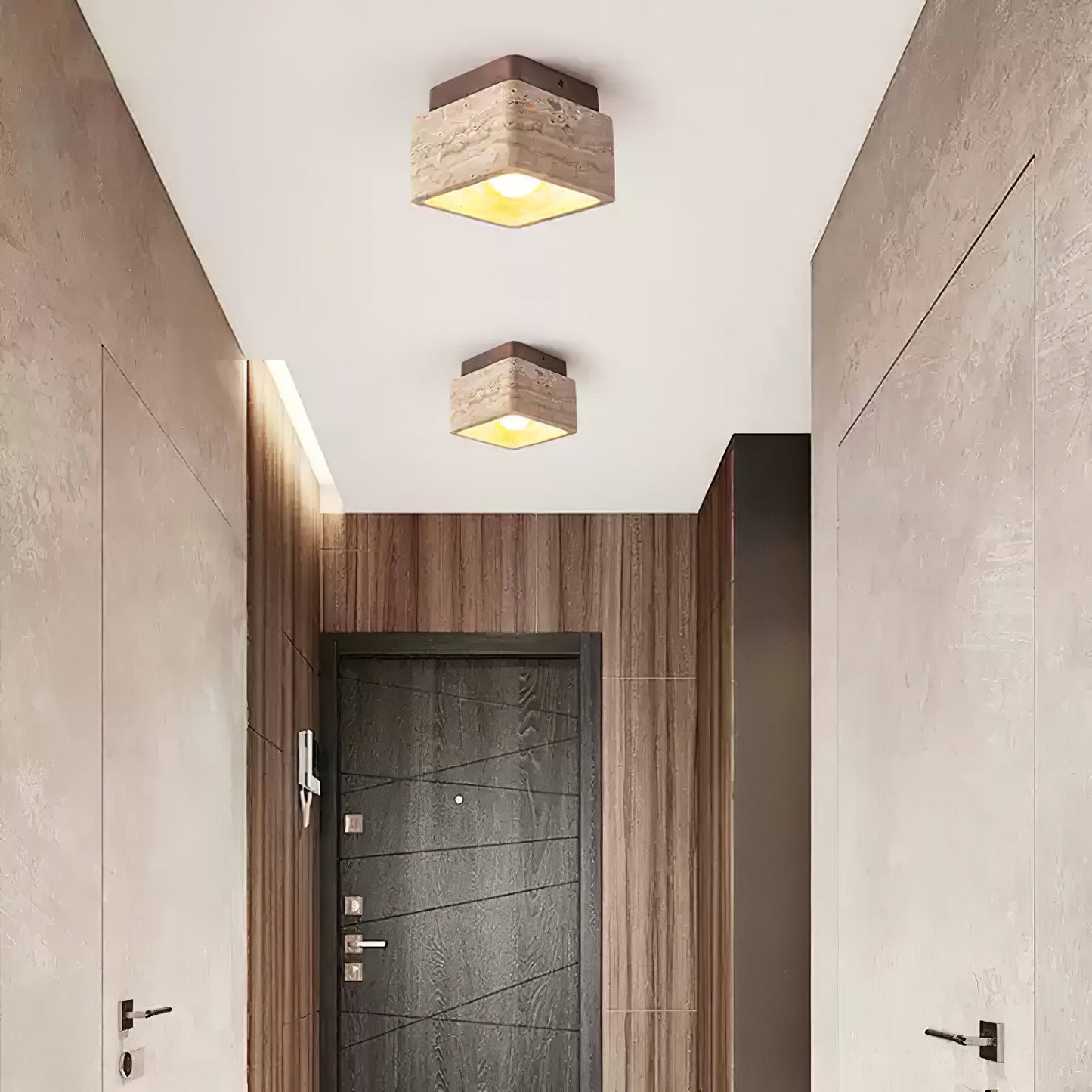 Terra Block Ceiling Light | Yellow Travertine & Walnut Wood | 12cm x 12cm x 9cm
