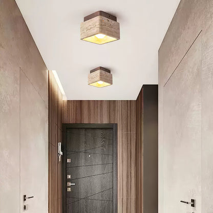 Terra Block Ceiling Light | Yellow Travertine & Walnut Wood | 12cm x 12cm x 9cm