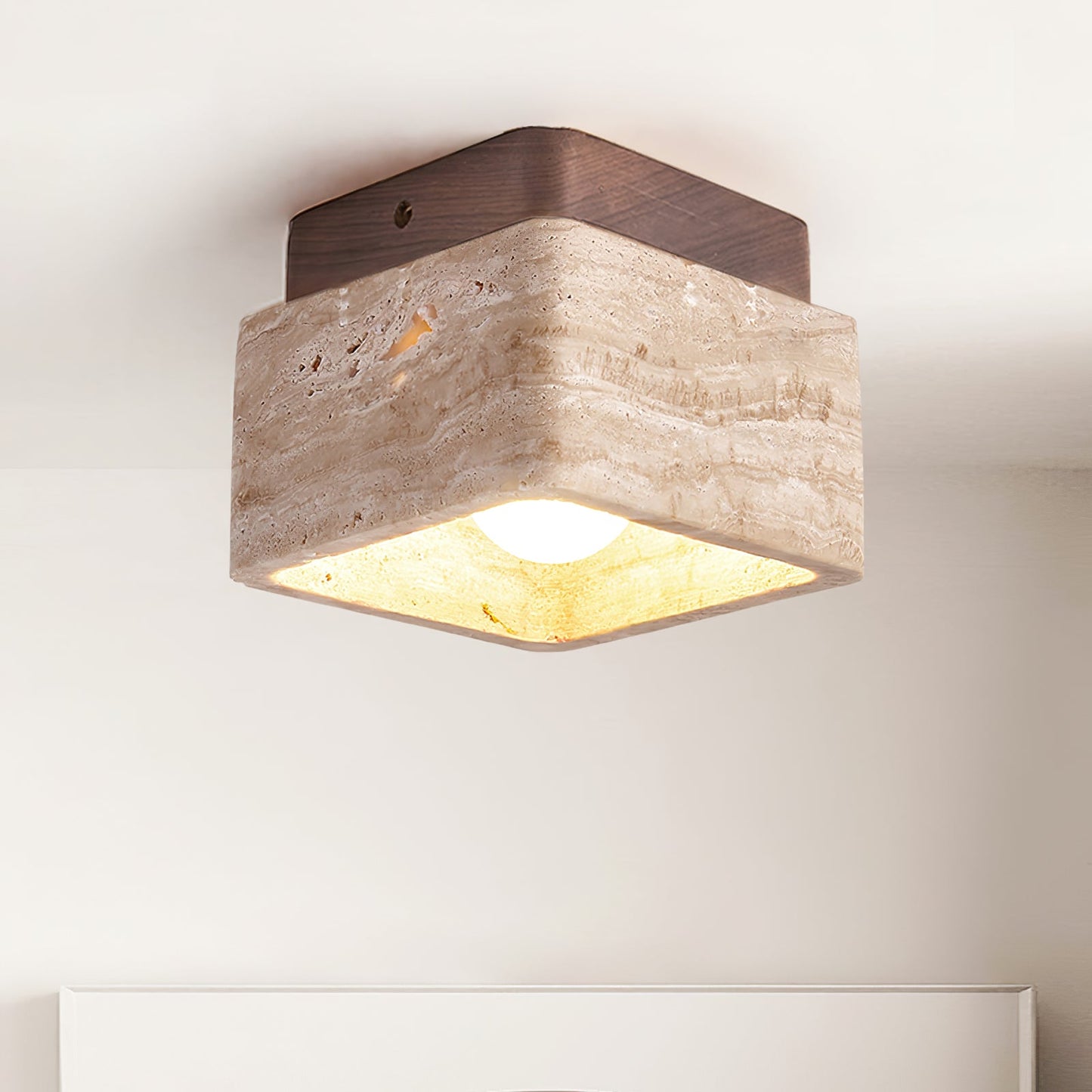 Terra Block Ceiling Light | Yellow Travertine & Walnut Wood | 12cm x 12cm x 9cm