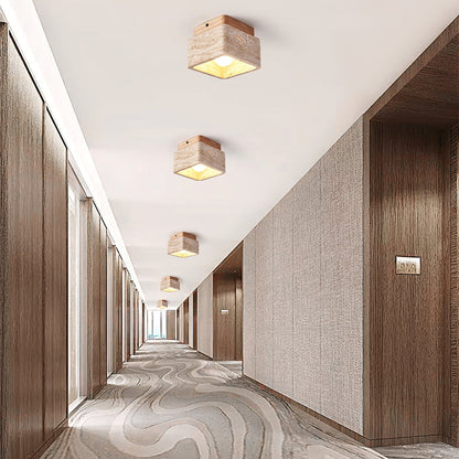 Terra Block Ceiling Light | Yellow Travertine & Walnut Wood | 12cm x 12cm x 9cm